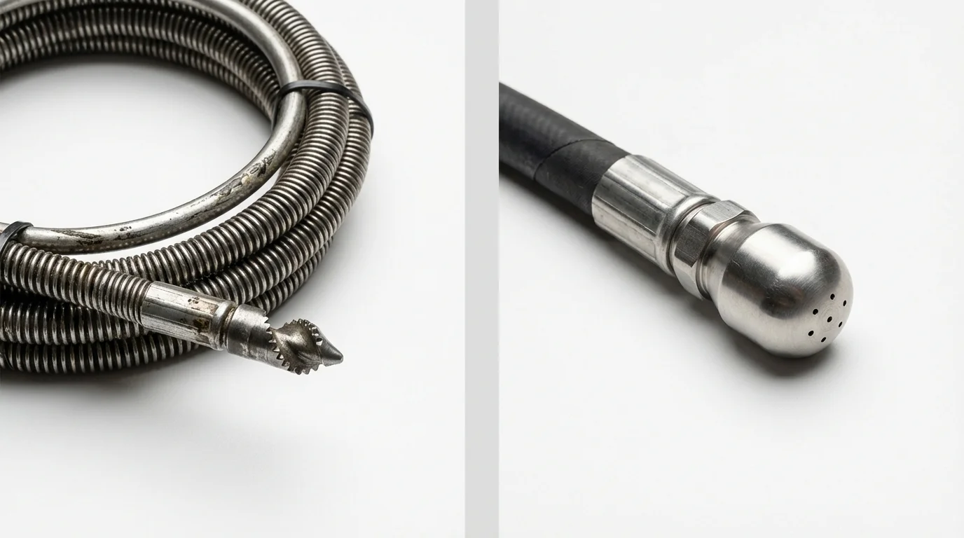 Drain snake cable and hydro jetting nozzle used for drain cleaning in Jackson, LA